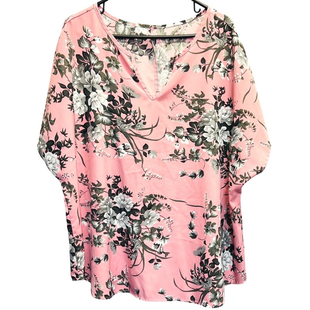 Floral Print Pink Blouse With V-Neckline & Loose Short Sleeves